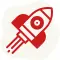 A red icon representing a flying rocket, with simple and stylized details.