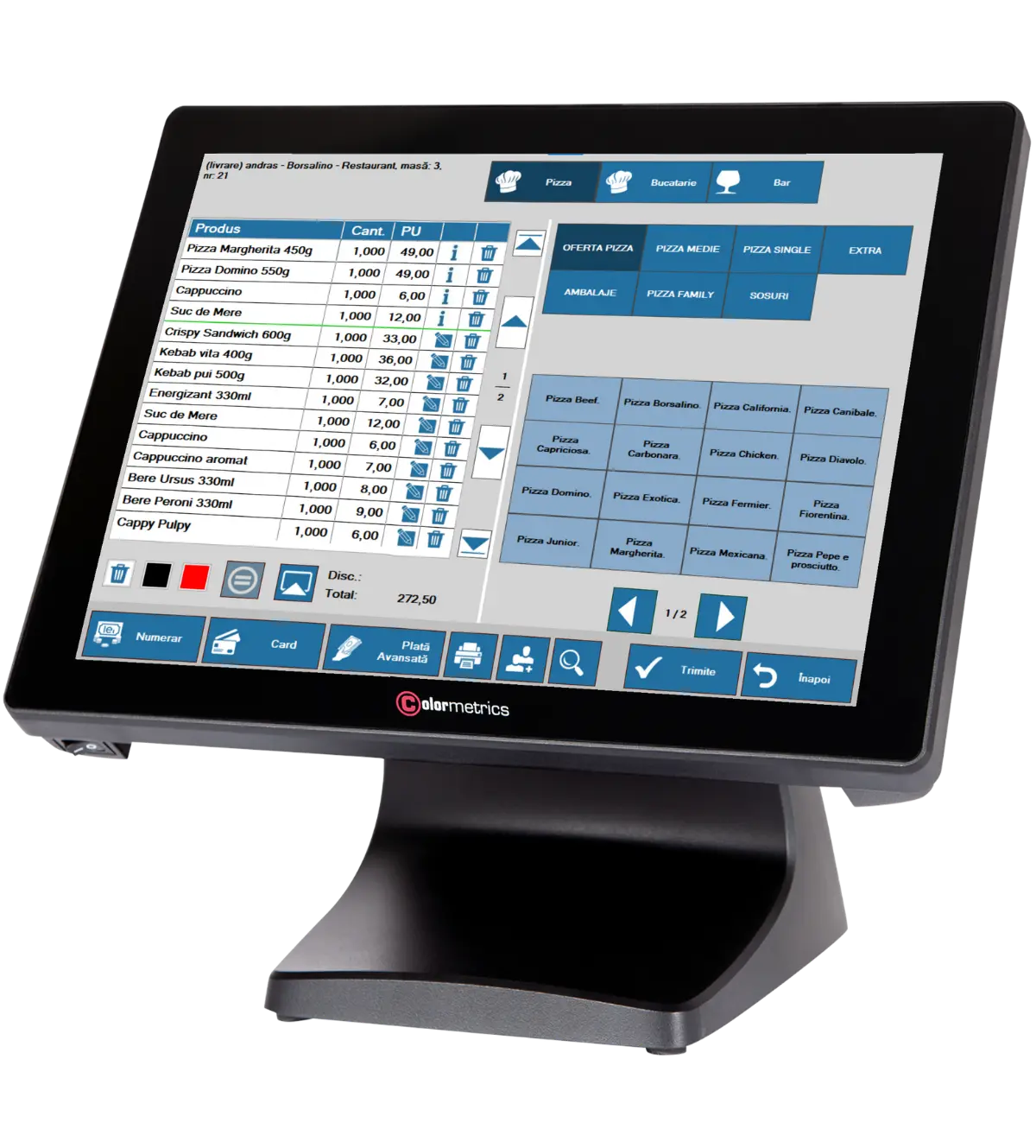 Sistem POS colormetrics cu interfata din soft restaurant vilicorest deschisa